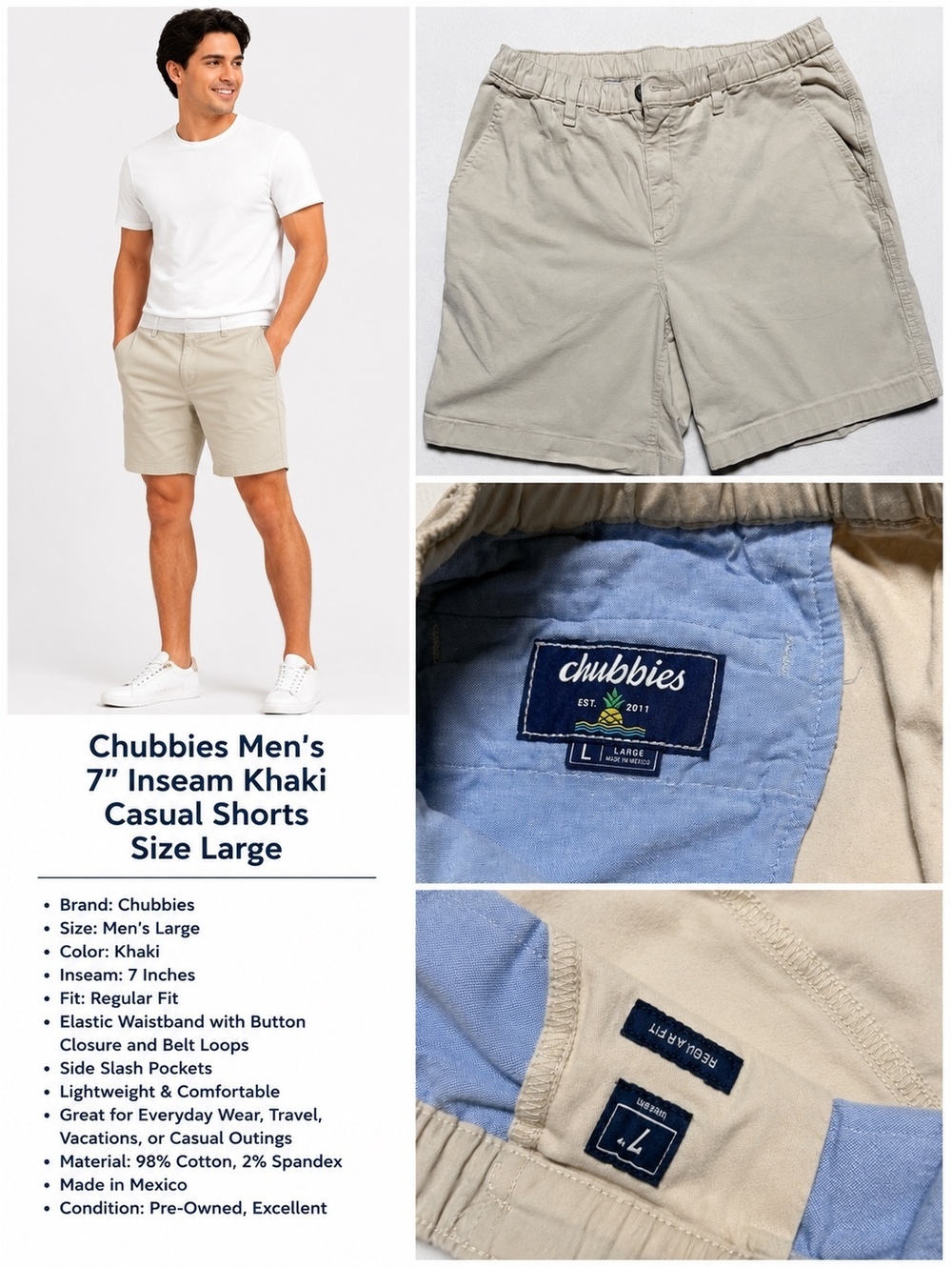 Chubbies Men’s Shorts Size Large Khaki 7” Inseam Stretch Elastic Waist